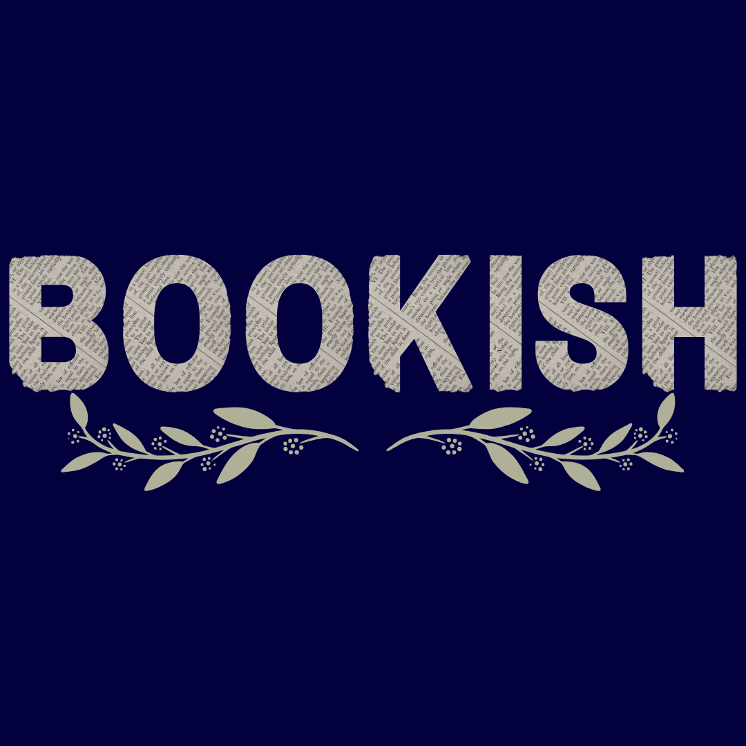 Text 'BOOKISH' with decorative elements on a dark blue background