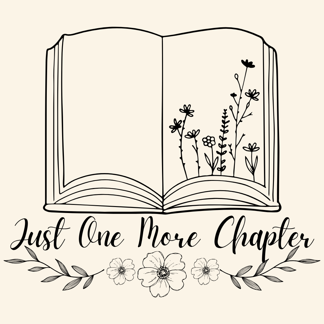 Open book with floral illustrations and 'Just One More Chapter' text on a beige background