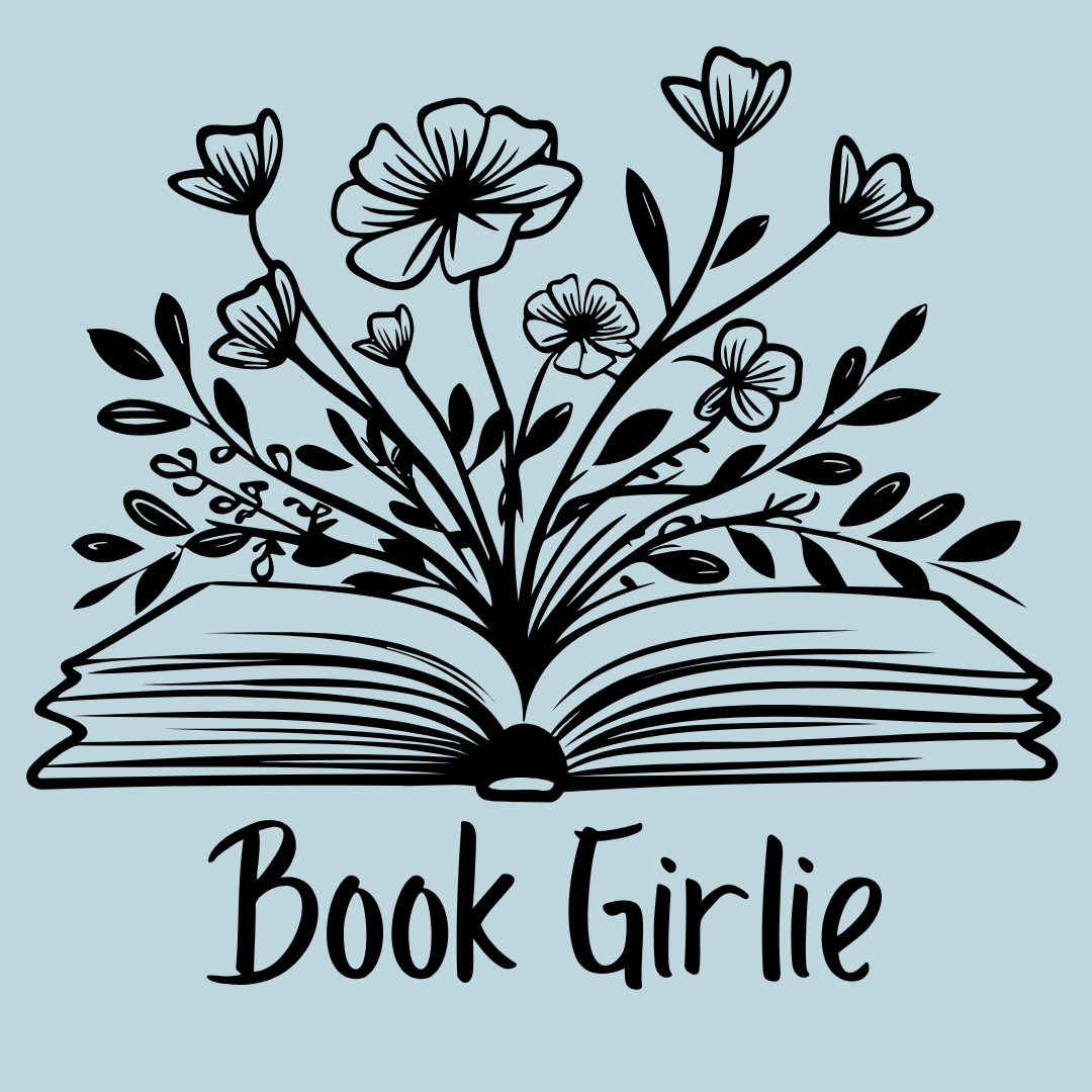 Open book with floral design and 'Book Girlie' text on a light blue background