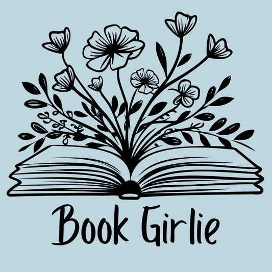 Open book with floral design and 'Book Girlie' text on a light blue background