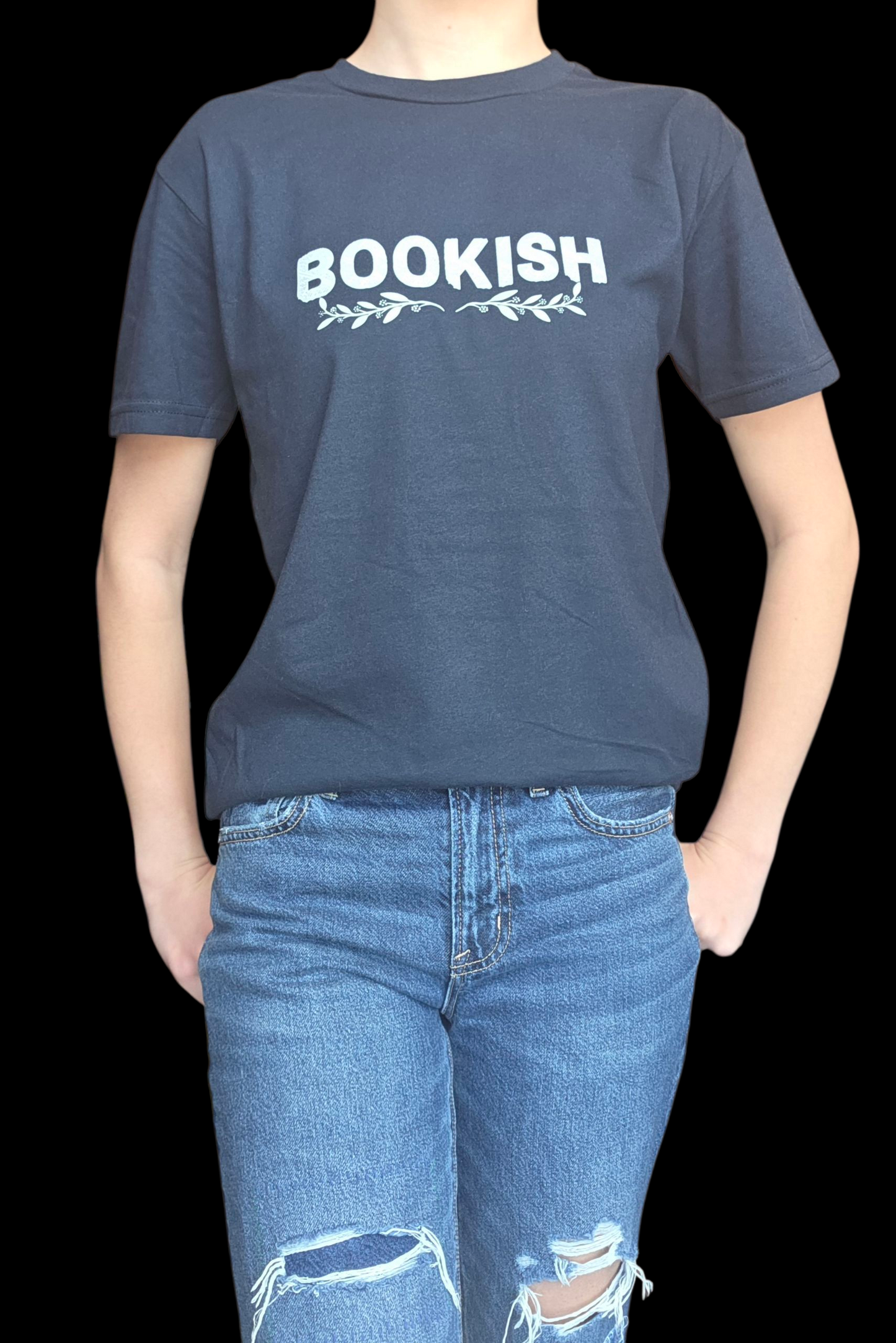 Person wearing a navy blue t-shirt with 'BOOKISH' printed on it against a black background.