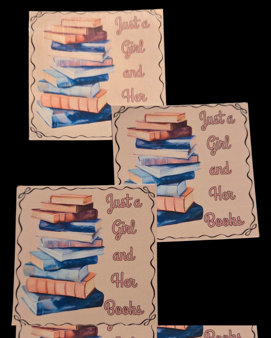 Three cards with a stack of books and 'Just a Girl and Her Books' text on a beige background.