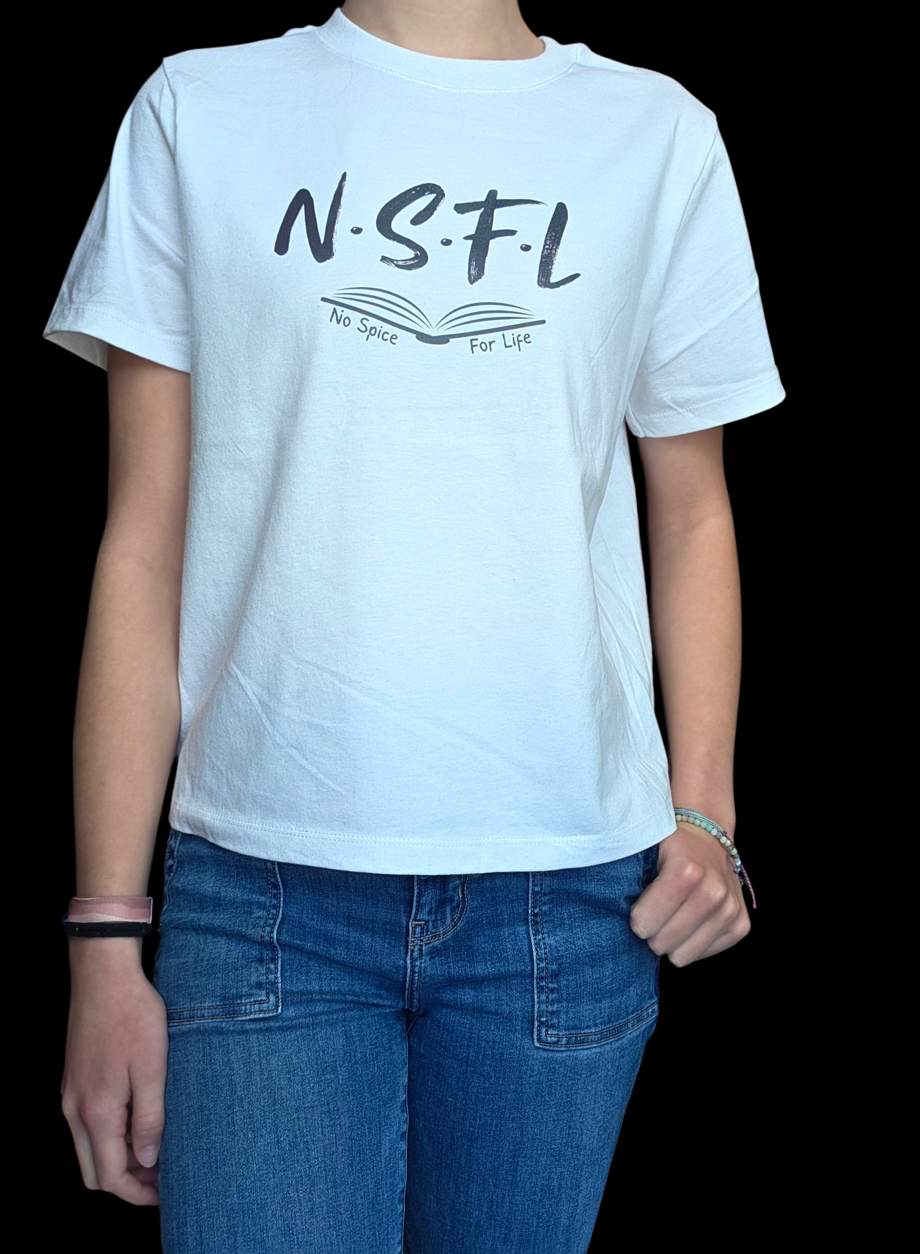 Person wearing a white t-shirt with 'N.S.F.L' text design on a black background